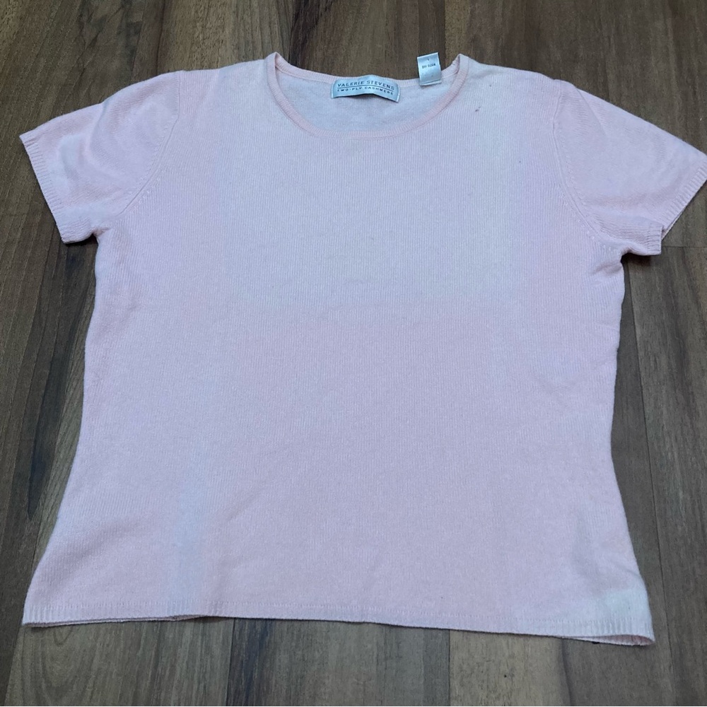 Vintage Light Pink Short-Sleeve 100% Cashmere Top Valerie Stevens- flawed